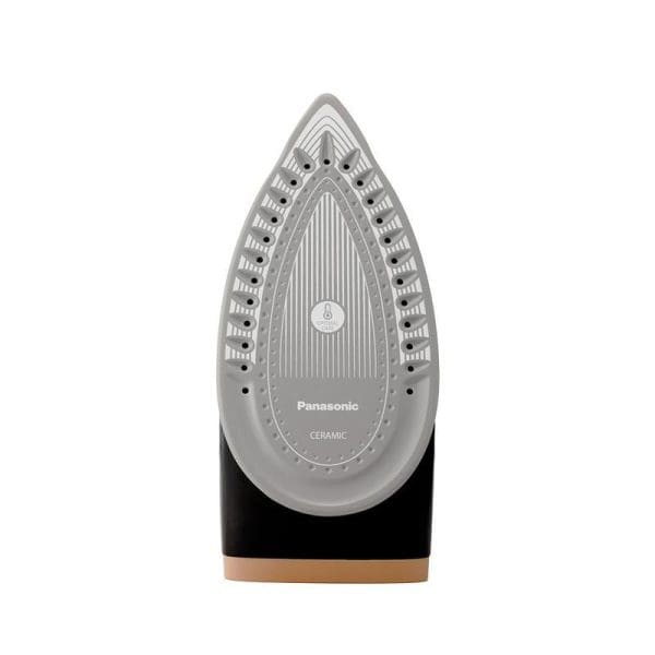 Panasonic NI-GT500 Anti-Calc Steam Generator Iron with ceramic soleplate, gray and black design with copper accent base for professional ironing.