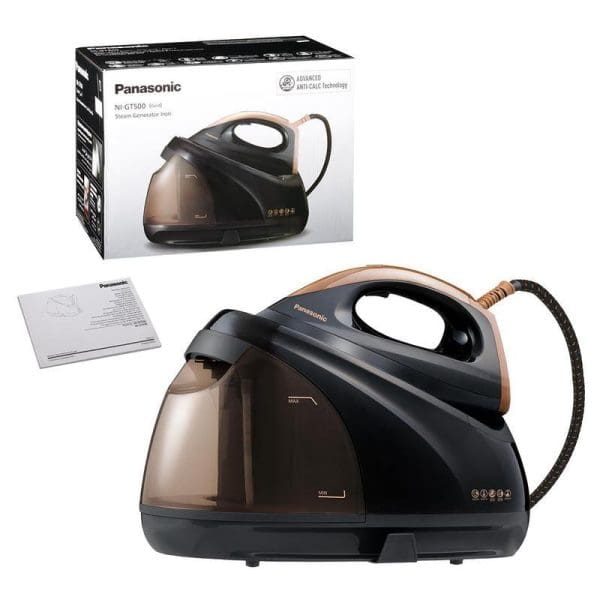 Panasonic NI-GT500 black and copper steam generator iron with water tank, product box, and instruction manual displayed on white background.