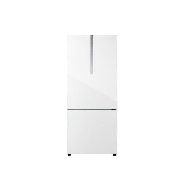 Panasonic NR-BX421WGW white 2-door bottom freezer refrigerator with glass door series, featuring modern design with vertical handle and bottom freezer compartment.