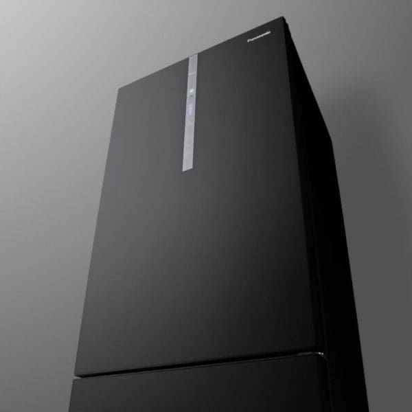 Panasonic NR-BX421WGW 2-door bottom freezer refrigerator with black glass door and silver handle, featuring modern sleek design against gray background.