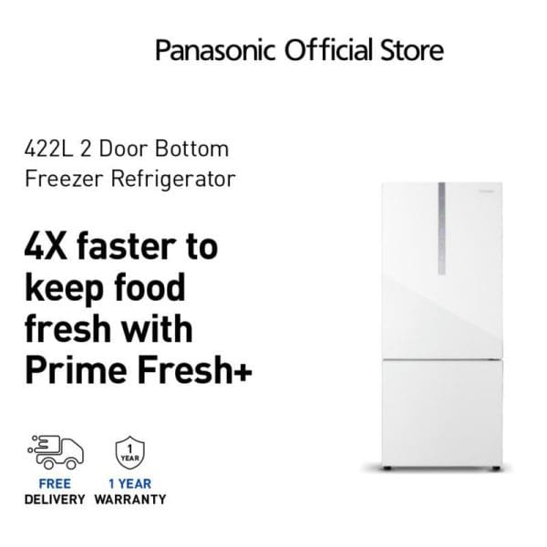 Panasonic 422L white 2-door bottom freezer refrigerator with Prime Fresh+ technology, featuring 4X faster food freshening, free delivery and 1 year warranty from official store.
