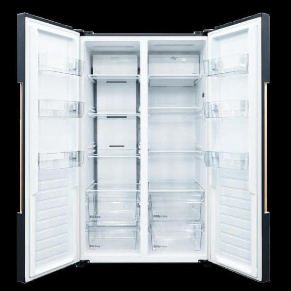 Open Panasonic 570L side-by-side refrigerator NR-S621BB-MY showing white interior with multiple shelves, door compartments, and utility cases in both freezer and fresh food sections.