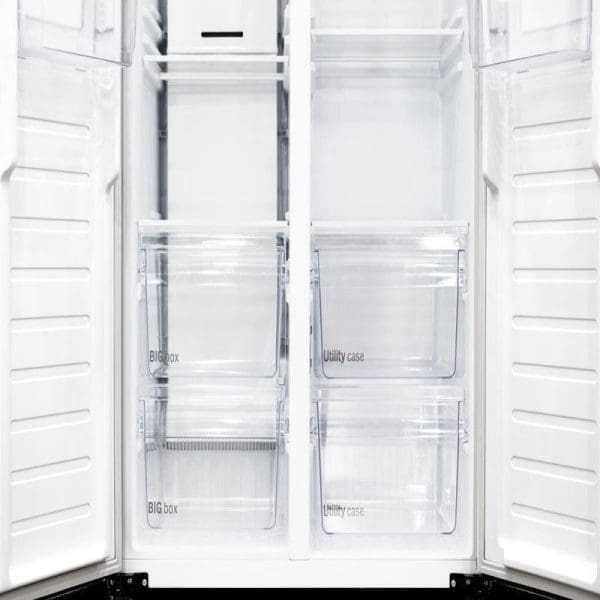 Open Panasonic 570L side-by-side refrigerator showing interior compartments with BIG box and Utility case storage drawers, white doors, empty shelves and clean interior.