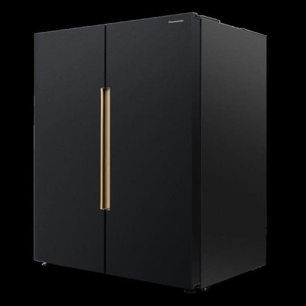 Panasonic 570L black side-by-side refrigerator model NR-S621BB-MY with gold-colored door handles on dark background, featuring large capacity dual-door design for modern kitchens.