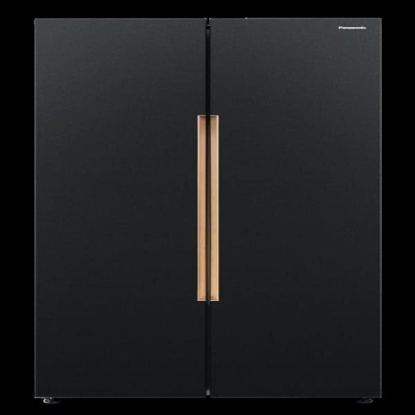 Panasonic 570L black side-by-side refrigerator with copper-colored door handles, model NR-S621BB-MY, featuring large capacity dual-door design on white background.