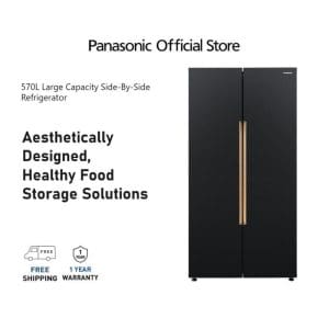 Panasonic 570L large capacity side-by-side refrigerator in black with copper handles, featuring free shipping and 1-year warranty from official store.
