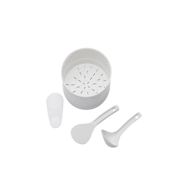 White Panasonic rice cooker steamer basket with perforated bottom, plastic spatula, rice paddle, and measuring cup accessories displayed on white background.
