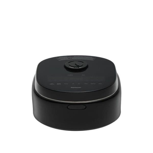 Panasonic SR-DM184KSK black rice cooker with rounded design, control panel with multiple buttons, and central pressure valve on lid for multifunctional healthy meal preparation.