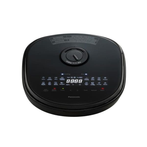 Panasonic SR-DM184KSK black rice cooker with digital display, multiple cooking function buttons, and oval-shaped design for convenient multifunctional healthy meal preparation.