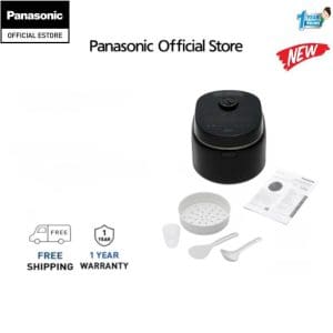 Panasonic SR-DM184KSK black rice cooker with accessories including steamer basket, measuring cup, and rice paddle from official store with free shipping and 1-year warranty.