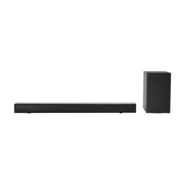 Panasonic SC-HTB150 black soundbar with separate wireless subwoofer on white background, stereo home theater audio system for enhanced TV sound experience.