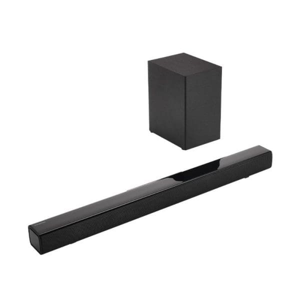 Panasonic SC-HTB150 black stereo home theater audio system with soundbar and wireless subwoofer on white background for barangelektrik.my