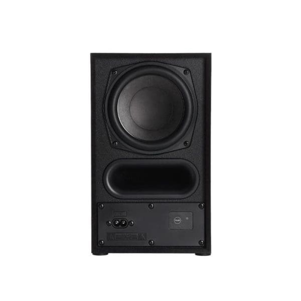 Panasonic SC-HTB150 black stereo home theater audio system with visible woofer driver, bass port, and rear control panel connections.