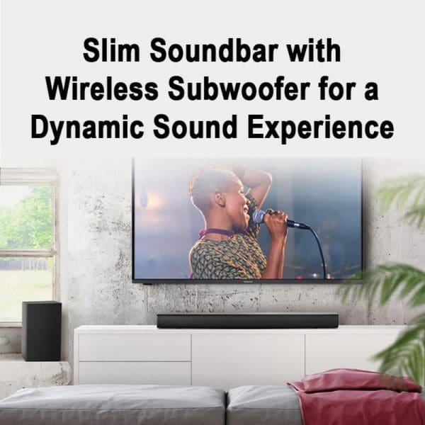 Panasonic SC-HTB150 slim black soundbar positioned under wall-mounted TV with wireless subwoofer on floor in modern living room setup.