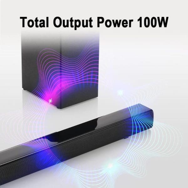 PANASONIC SC-HTB150 stereo home theater audio system with 100W total output power, featuring black soundbar and subwoofer with purple sound wave visualization effects.