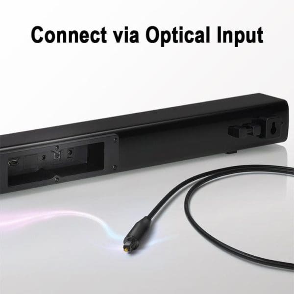 PANASONIC SC-HTB150 black soundbar with optical cable connection showing light beam, featuring multiple ports and sleek design for home theater audio system.