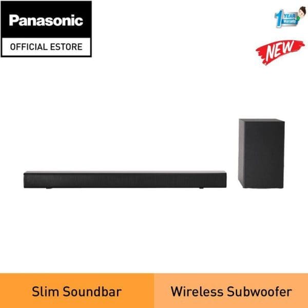 Panasonic SC-HTB150 black slim soundbar with wireless subwoofer stereo home theater audio system from official estore with 1-year warranty, labeled as new product.