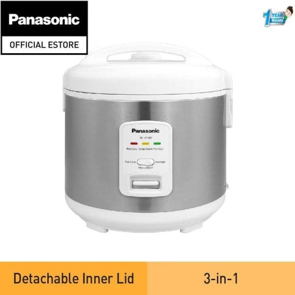 Panasonic SR-JP185 1.8L rice cooker in white and stainless steel with detachable inner lid, featuring 3-in-1 functionality from official Panasonic store with 1-year warranty.