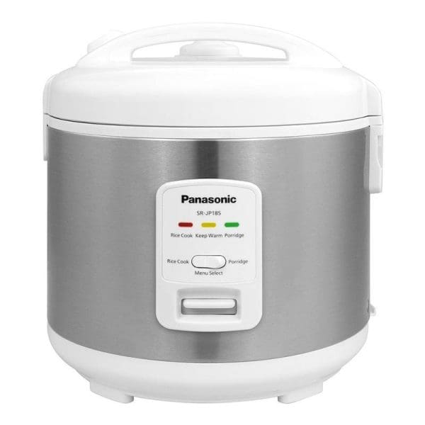 Panasonic SR-JP185 1.8L 3-in-1 rice cooker with stainless steel body, white lid, digital control panel featuring rice cook and porridge settings.