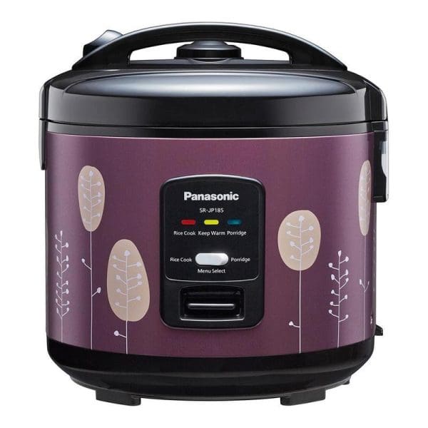 Panasonic SR-JP185 purple rice cooker with decorative leaf pattern, black lid and handle, digital display panel, 1.8L capacity 3-in-1 kitchen appliance.