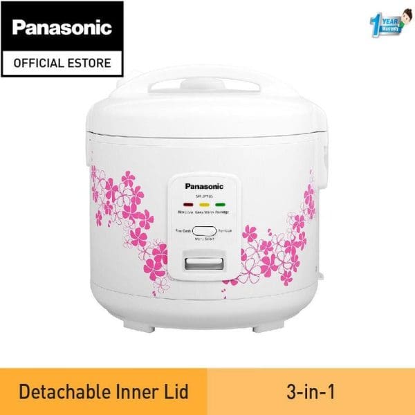 Panasonic SR-JP185 white rice cooker with pink floral design, 1.8L capacity, 3-in-1 functionality, detachable inner lid, official store product with 1-year warranty.