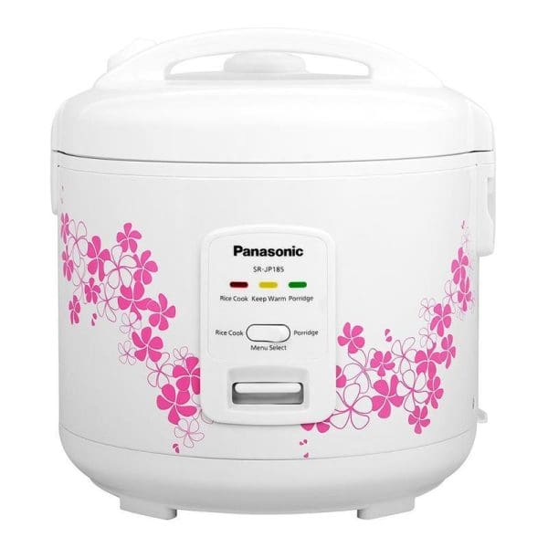 Panasonic SR-JP185 white rice cooker with pink floral design, 1.8L capacity, featuring rice cook and porridge settings with menu select dial and keep warm function.
