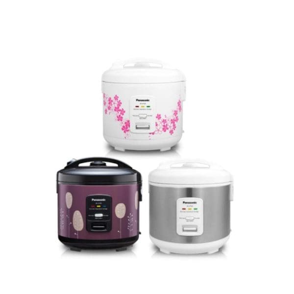 Three Panasonic SR-JP185 rice cookers in different colors - white with pink floral pattern, purple with decorative design, and plain silver/gray, all 1.8L capacity 3-in-1 models.