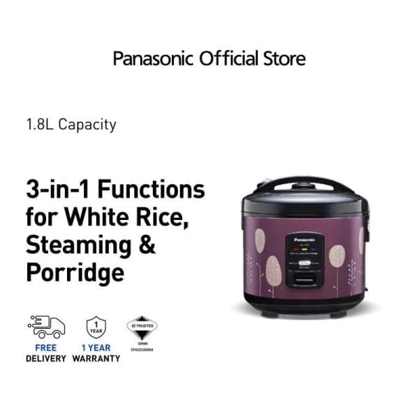 Panasonic SR-JP185 1.8L rice cooker in purple with 3-in-1 functions for white rice, steaming and porridge, featuring free delivery and 1-year warranty.