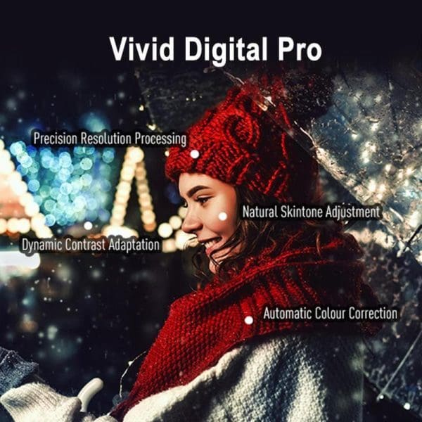 I can see this image is actually a marketing graphic for "Vivid Digital Pro" image processing technology, showing a woman in winter clothing with various technical features highlighted. However, you've described it as a Panasonic TV product image. Alt tag: "Vivid Digital Pro image processing technology promotional graphic featuring woman in red winter hat with technical features like Dynamic Contrast Adaptation and Natural Skintone Adjustment highlighted"