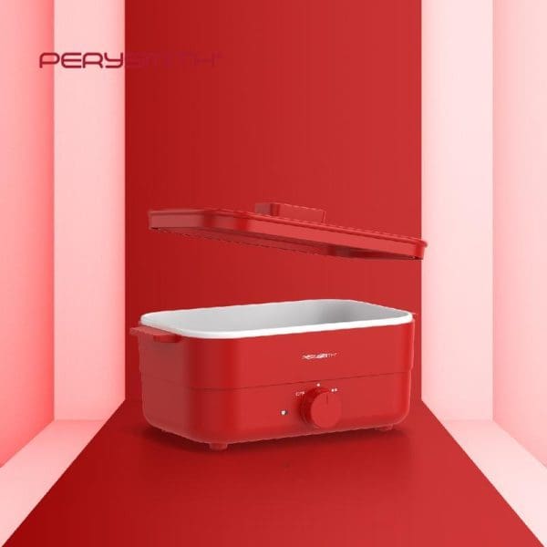 PerySmith 1.8L BBQ Multi Cooker Ecohealth Series BQ1000 in red and white with open lid, displayed against pink and red gradient background.