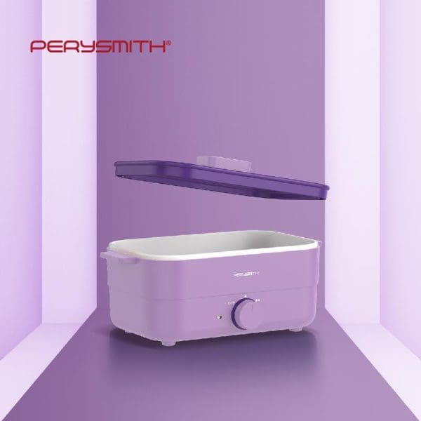 PerySmith 1.8L BBQ Multi Cooker Ecohealth Series BQ1000 in purple color with open lid showing white interior bowl against purple geometric background.