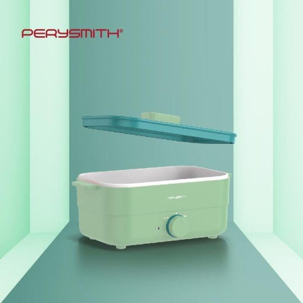 PerySmith 1.8L BBQ Multi Cooker Ecohealth Series BQ1000 in mint green color with open lid showing white interior and control knob on teal background.
