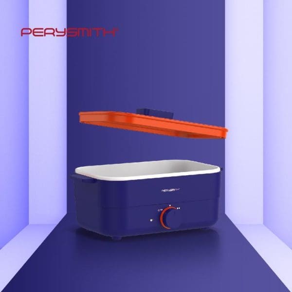 PerySmith 1.8L BBQ Multi Cooker Ecohealth Series BQ1000 with white ceramic bowl, orange lid, and blue base against purple background.