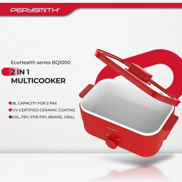PerySmith EcoHealth BQ1000 red and white 2-in-1 multicooker with 1.8L capacity, UV certified ceramic coating, for boiling, frying, stir-frying, braising, and grilling.