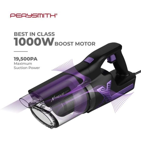 PerySmith Xtreme Series X10 handheld vacuum cleaner with 1000W boost motor, 19,500PA maximum suction power, featuring purple and black design with transparent dust container.