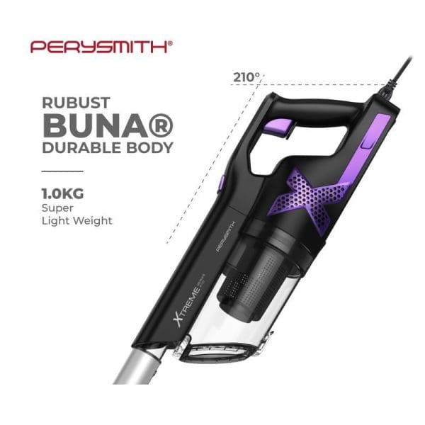 PerySmith X10 handheld vacuum cleaner with purple accents, 1.0kg lightweight design, 210-degree swivel head, featuring robust BUNA durable body construction.