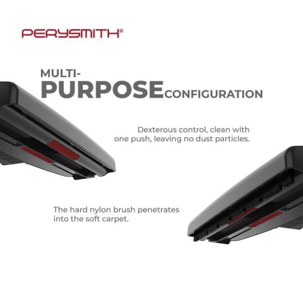 PerySmith X10 handheld vacuum cleaner showing multi-purpose configuration with hard nylon brush penetrating soft carpet for dexterous control and dust-free cleaning.
