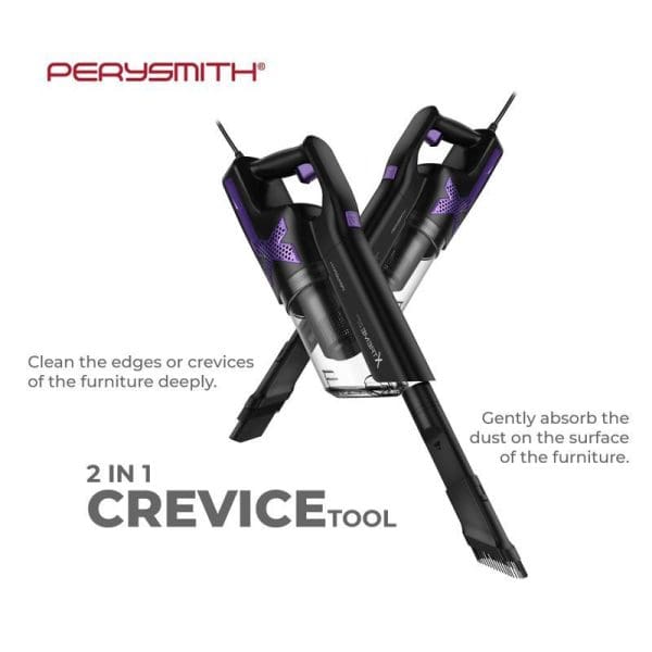 PerySmith 1000W Handheld Vacuum Cleaner Xtreme Series X10 with 2-in-1 crevice tool attachment, black and purple design, showing dual cleaning functions for furniture edges and surface dust absorption.