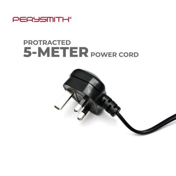 PerySmith Xtreme Series X10 1000W handheld vacuum cleaner with protracted 5-meter power cord featuring black plug and cable on white background.
