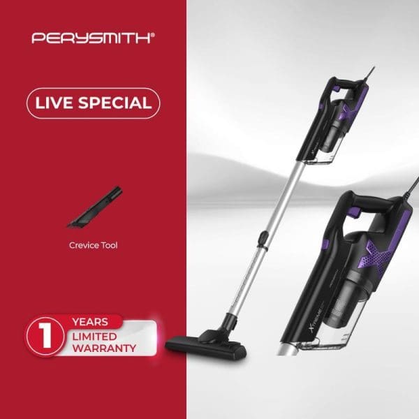 PerySmith 1000W Handheld Vacuum Cleaner Xtreme Series X10 with crevice tool, featuring live special offer and 1-year limited warranty, displayed in stick and handheld configurations.