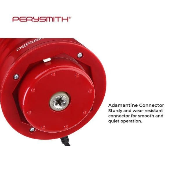 PerySmith PS820 red multi chopper showing adamantine connector detail with star-shaped center piece, highlighting sturdy wear-resistant design for smooth quiet operation.