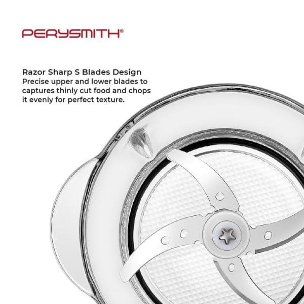 PerySmith PS820 2-in-1 Multi Chopper with razor sharp S-blades design featuring precise upper and lower blades for even food chopping and perfect texture.