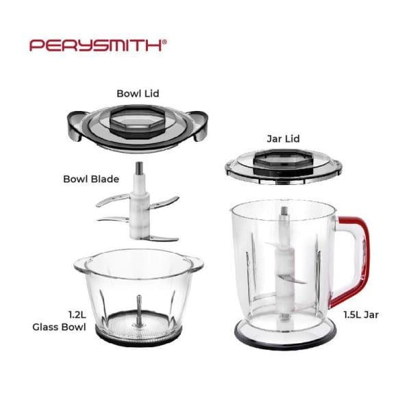 PerySmith PS820 2-in-1 Multi Chopper components: bowl lid, bowl blade, glass bowl, jar lid, and 1.5L jar with red handle.