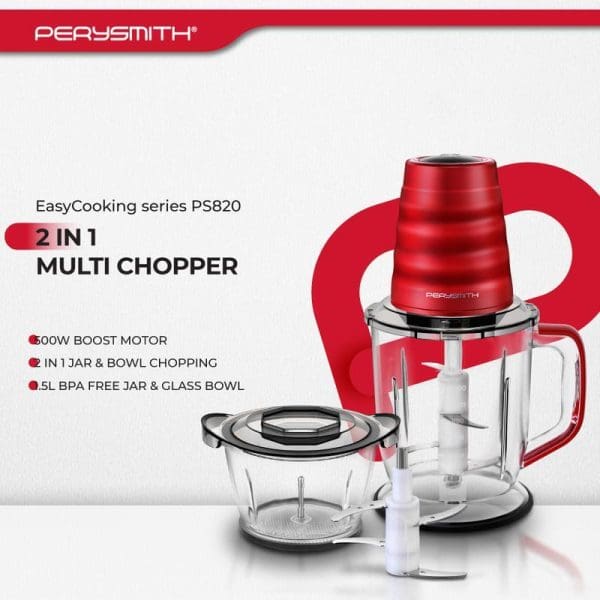 PerySmith PS820 EasyCooking 2-in-1 Multi Chopper with red motor unit, clear glass bowls, 600W boost motor, 1.5L BPA-free jar and bowl for chopping.