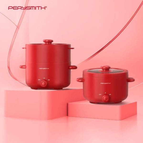 Red PerySmith SN250 2-in-1 Multi Cooker Signature Series with removable inner pot, both featuring control dials and lids, displayed on pink geometric background.