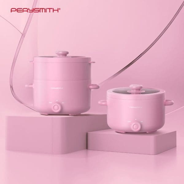 PerySmith 2 In 1 Multi Cooker Signature Series SN250 in pink color displayed on geometric pink platforms against matching pink background with flowing design elements.