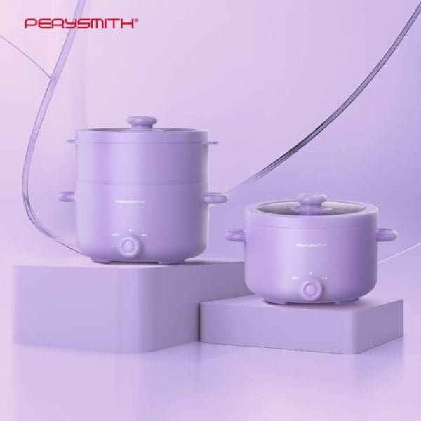 PerySmith 2 In 1 Multi Cooker Signature Series SN250 in purple color, showing two different sizes on geometric platforms against matching purple background.