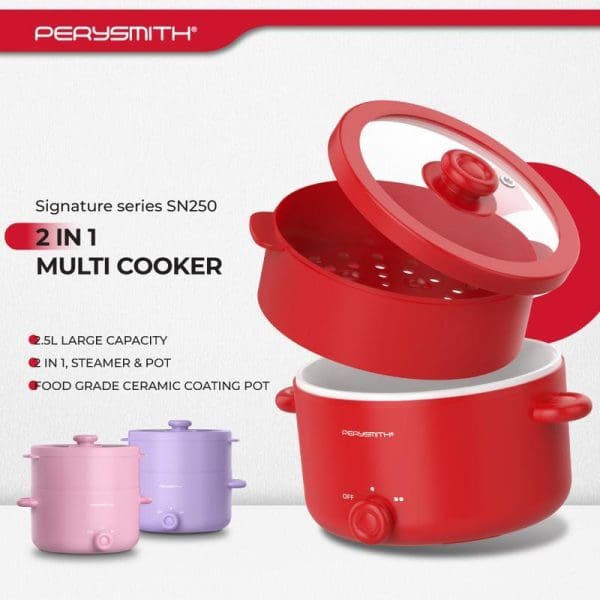 PerySmith Signature Series SN250 2-in-1 Multi Cooker with 2.5L capacity, steamer and pot function, food grade ceramic coating, shown in red with pink and purple variants.