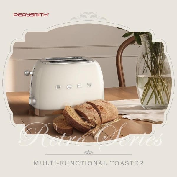 PerySmith TT1010 cream-colored retro 2-slice toaster on wooden counter with sliced bread, glass vase with plants, vintage kitchen setting for barangelektrik.my