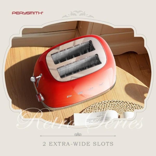 PerySmith TT1010 red retro-style 2-slice bread toaster with extra-wide slots, sitting on wooden surface with decorative vintage-inspired border frame.